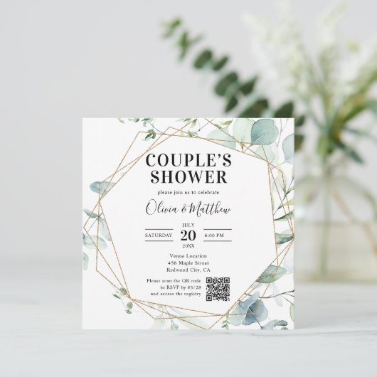 Eucalyptus Rustic Photo QR Code Bridal Shower 招待状 (スタンド正面)