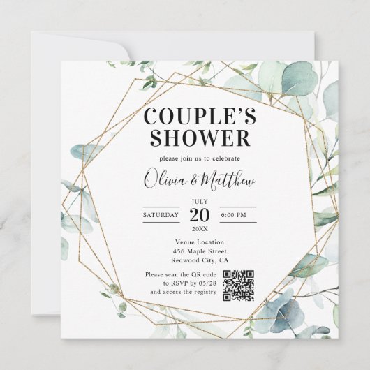 Eucalyptus Rustic Photo QR Code Bridal Shower 招待状 (正面)