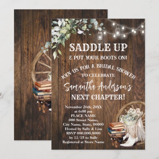 Eucalyptus Saddle Up Boots & Books Bridal Shower 招待状 (正面/裏面)
