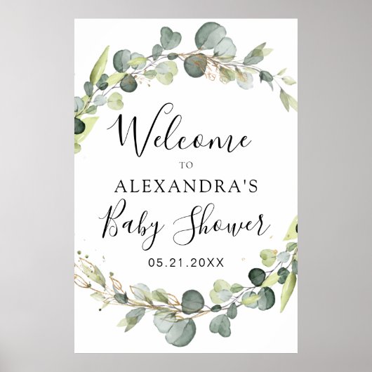 Eucalyptus Sage Green Floral Baby Shower ポスター (正面)