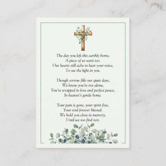 Eucalyptus Sage Green Memorial Photo Prayer Card 名刺 (裏面)