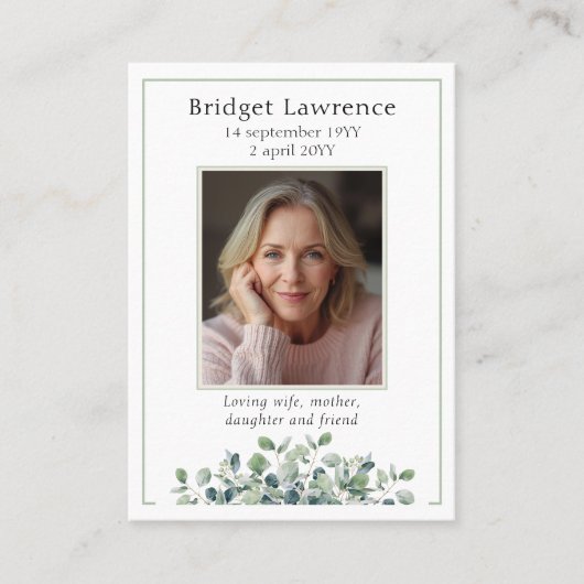 Eucalyptus Sage Green Memorial Photo Prayer Card 名刺 (正面)