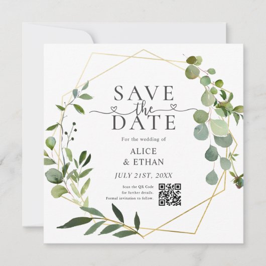 Eucalyptus Script Heart QR Code Save The Date セーブザデート (正面)