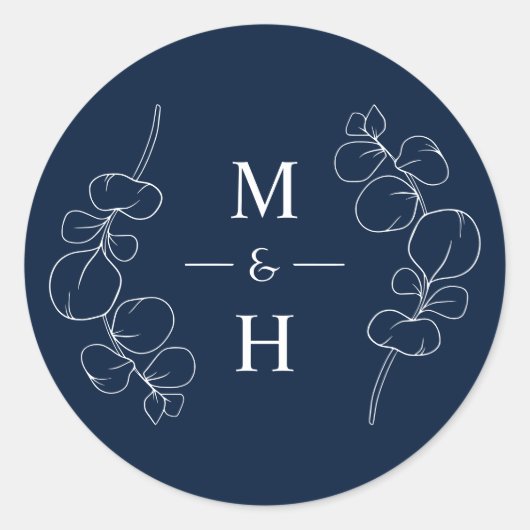 Eucalyptus Springs Monogram Navy Blue Wedding ラウンドシール (正面)