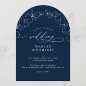 Eucalyptus Springs Script Navy Blue Arch Wedding 招待状 (正面)
