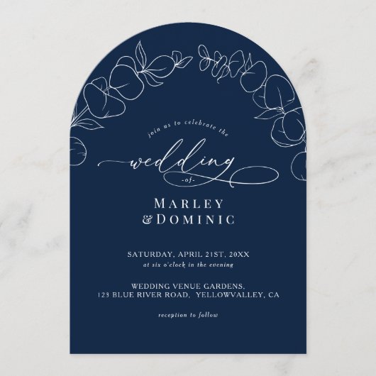 Eucalyptus Springs Script Navy Blue Arch Wedding 招待状 (正面)