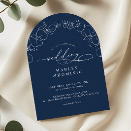 Eucalyptus Springs Script Navy Blue Arch Wedding 招待状