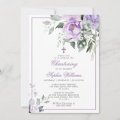 Eucalyptus Violet Flowers Christening Invitation 招待状 (正面)