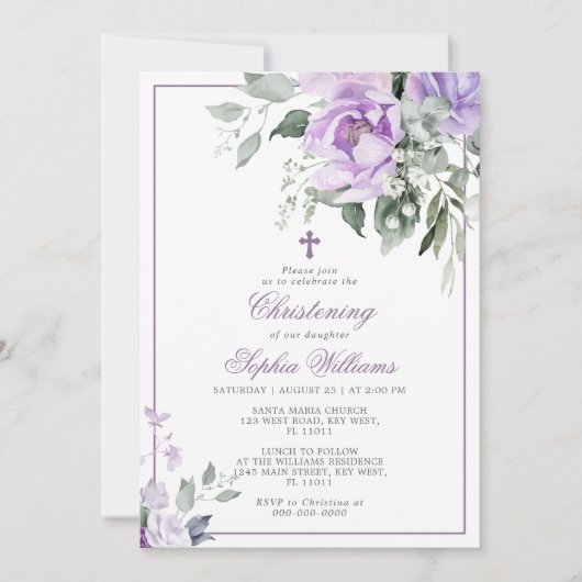 Eucalyptus Violet Flowers Christening Invitation 招待状 (正面)