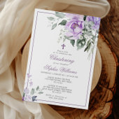 Eucalyptus Violet Flowers Christening Invitation 招待状
