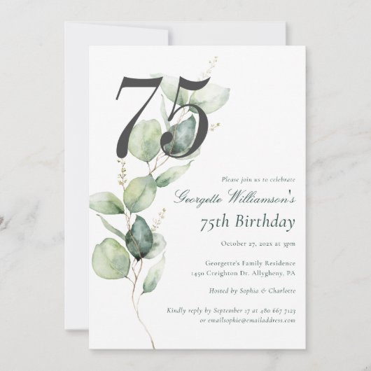 Eucalyptus Watercolor 75th Birthday Script 招待状 (正面)