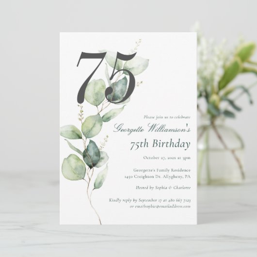 Eucalyptus Watercolor 75th Birthday Script 招待状 (スタンド正面)