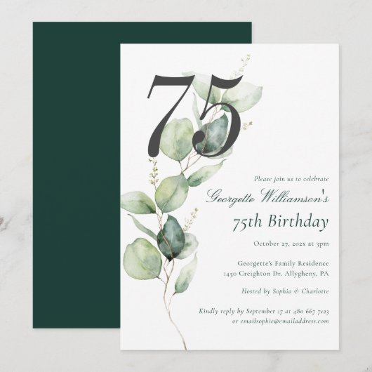 Eucalyptus Watercolor 75th Birthday Script 招待状 (正面/裏面)