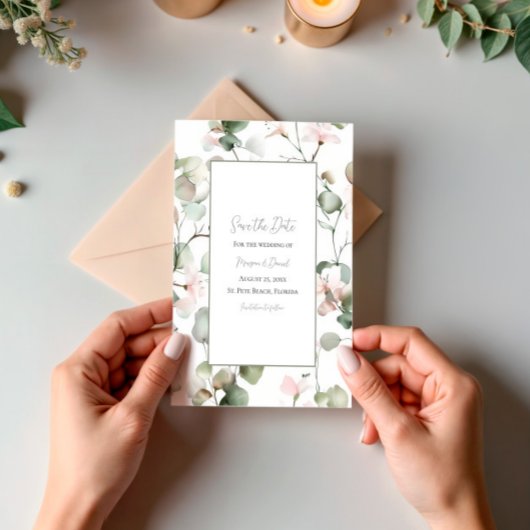 Eucalyptus Watercolor Flat Save The Date Card セーブザデート
