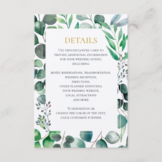 Eucalyptus Watercolor Wedding Invitation, Details エンクロージャーカード (正面)
