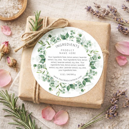 Eucalyptus Watercolor Wreath Ingredients Labels ラウンドシール