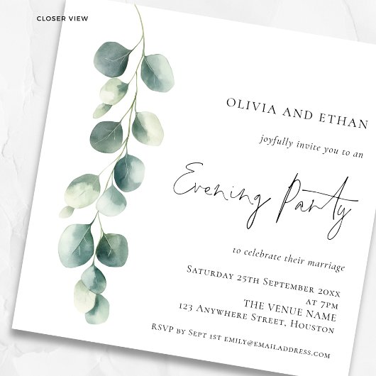 Eucalyptus Wedding Evening Party Square Invitation 招待状