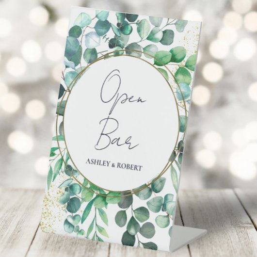 Eucalyptus Wedding Reception Open Bar Tabletop 台座サイン