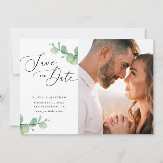 Eucalyptus Wedding | Watercolor Botanical Photo セーブザデート (正面)