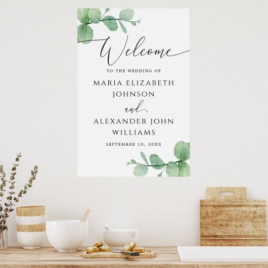 Eucalyptus Wedding Welcome Sign | Elegant Script ポスター (キッチン)