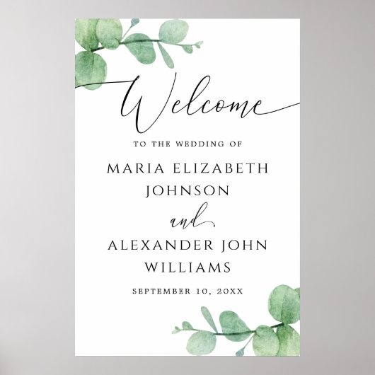 Eucalyptus Wedding Welcome Sign | Elegant Script ポスター (正面)