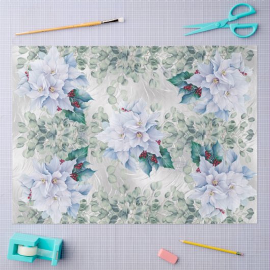 Eucalyptus & White Christmas Poinsettias Faux Foil 薄葉紙 (クラフト)
