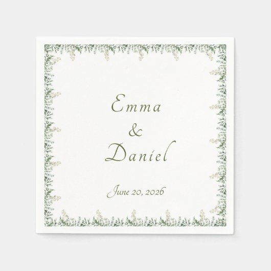 Eucalyptus & White Florals Botanical Wedding スタンダードカクテルナプキン (正面)