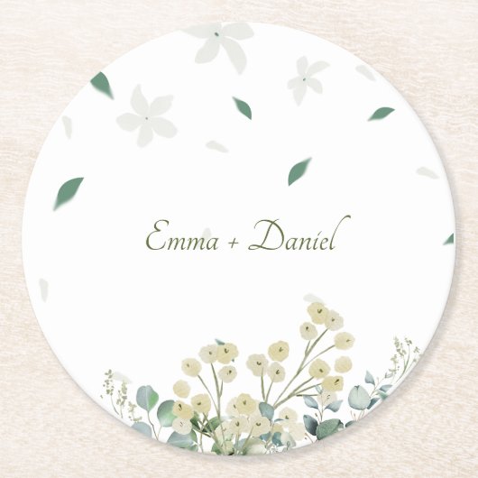 Eucalyptus & White Florals Botanical Wedding  ラウンドペーパーコースター (正面)