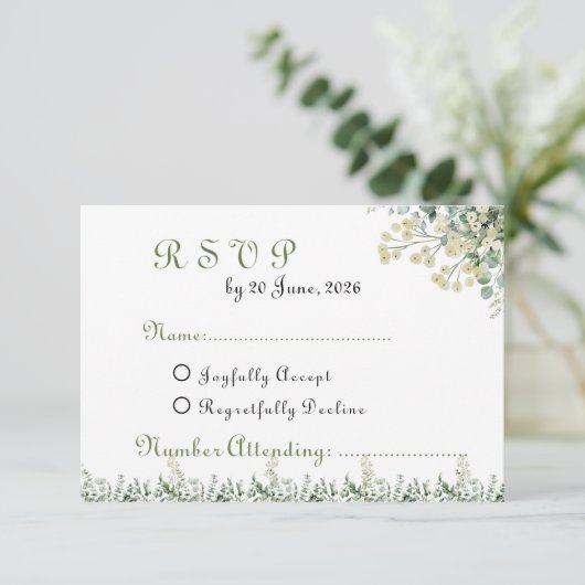 Eucalyptus & White Florals Botanical Wedding  出欠カード (スタンド正面)
