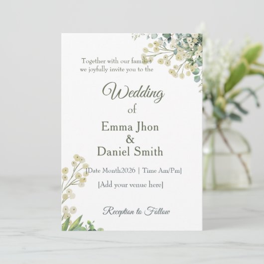 Eucalyptus & White Florals Botanical Wedding  招待状 (スタンド正面)