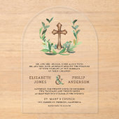 Eucalyptus Wood Cross Catholic Wedding アクリル招待状 (正面)