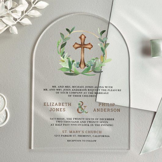 Eucalyptus Wood Cross Catholic Wedding アクリル招待状