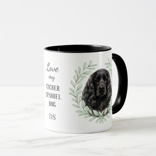 Eucalyptus Wreath Black Cocker Spaniel Monogram マグカップ (正面右)