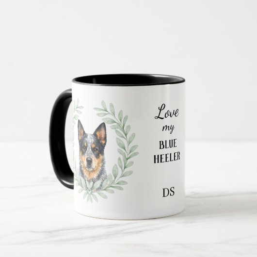Eucalyptus Wreath Blue Heeler Dog Monogram マグカップ (正面左)