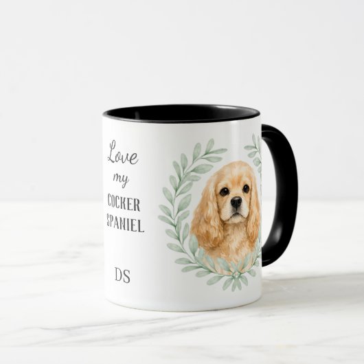 Eucalyptus Wreath Buff Cocker Spaniel Dog Monogram マグカップ (正面右)