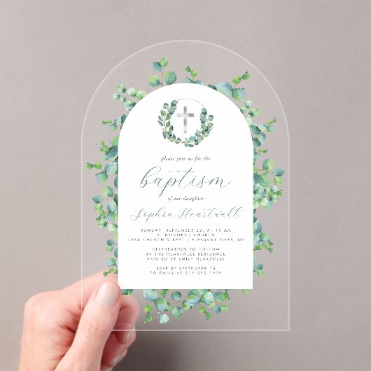 Eucalyptus Wreath Silver Cross Arch Baptism アクリル招待状 (インサイチュ (ポータブル))