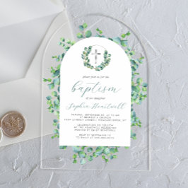 Eucalyptus Wreath Silver Cross Arch Baptism アクリル招待状