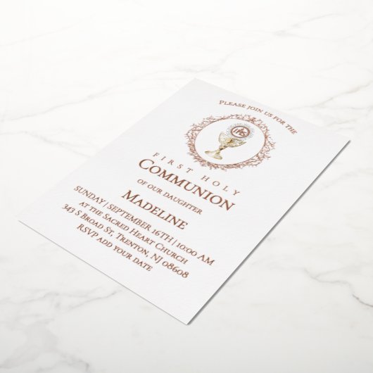 Eucharist First Holy Communion rose gold 箔招待状 (回転した状態)