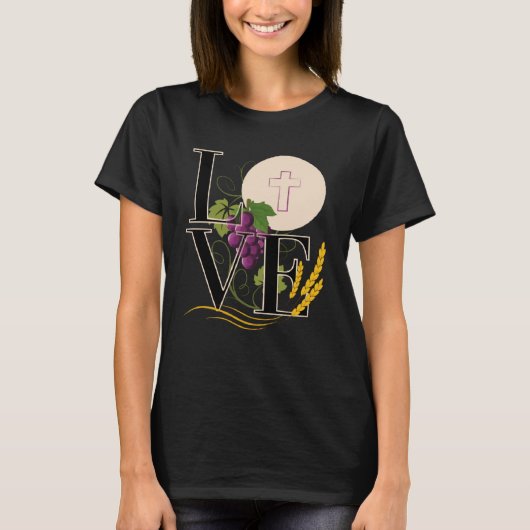 Eucharist LOVE Typography Host Wheat Grapes Tシャツ (正面)