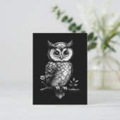 Eule auf einem blühenden Ast - schwarz weiß ポストカード (スタンド正面)