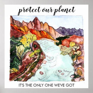 EUR 保護 PLANET Zion National Park Watercolor ポスター