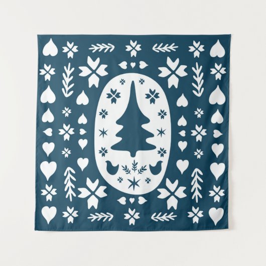 Europe Merry Christmas folk doodle art with firtre タペストリー (正面)