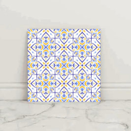 European Floral Blue and Gold Geometric Mosaic タイル