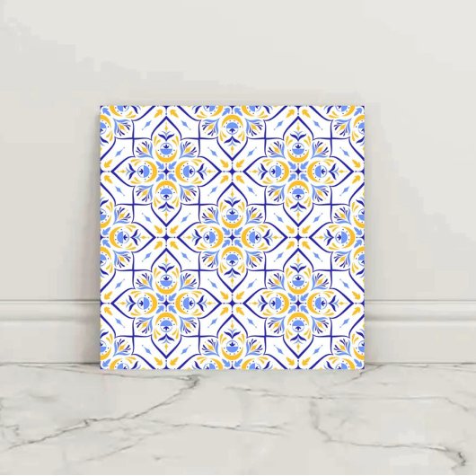 European Floral Blue and Gold Geometric Mosaic タイル