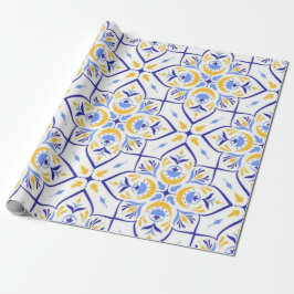 European Floral Blue and Gold Geometric Mosaic ラッピングペーパー