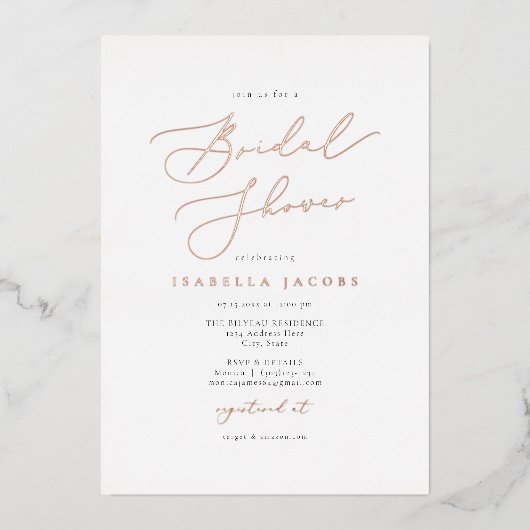 EVELYNスクリプエレガントトバラゴールドフォイルブライダルシャワー 箔招待状 (正面)