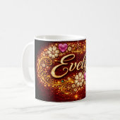 Evelyn Mug Pink Hearts Gold Script Romantic Gift コーヒーマグカップ (正面左)