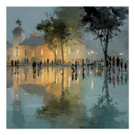 Evening Church Square Rain Reflections ポスター