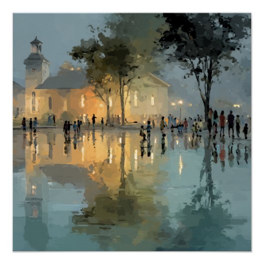 Evening Church Square Rain Reflections ポスター (正面)