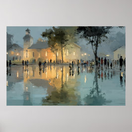 Evening Church Square Rain Reflections ポスター